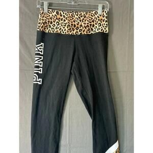 PINK Foldover Yoga Leggings - Size M - Leopard Print Waist Black Skinny